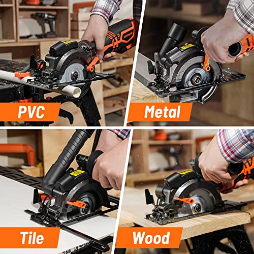 DOVAMAN Circular Saw, 5.8A 4-1/2" Circular Saw w/Laser, Metal Auxiliary Handle, 6 Saw Blades (4½", 4¾"), Cutting Depth 1-11/16" (90°), 1-3/8" (45°), DOVAMAN