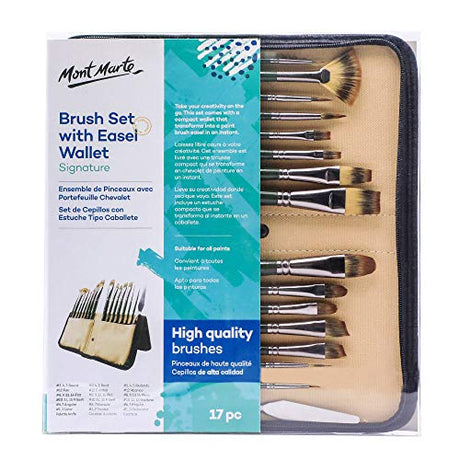 Mont Marte Signature Brush Set with Wallet, 17 Piece, Suitable for Oil, Acrylic, Watercolor and Gouache Paint, Easel Wallet Included MONT MARTE