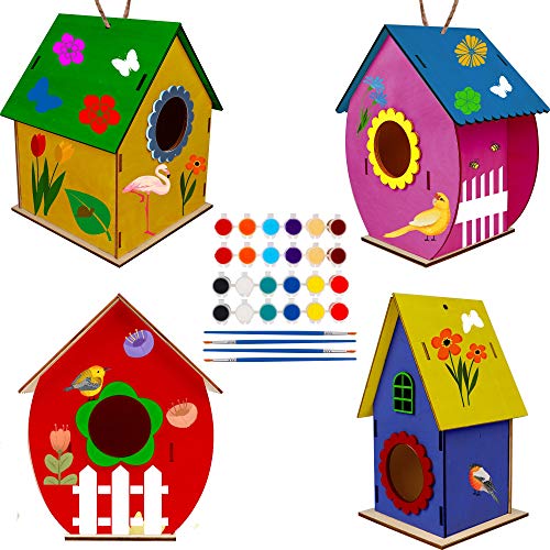 Glintoper Art Craft Wood Toys for Kids, 4 Pack DIY Bird House Kit Painting Puzzle DIY Wooden Assembly, Build and Paint Birdhouse, Include Paints &