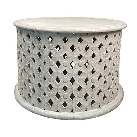 The Urban Port Mango Wood Farmhouse Round Coffee Table with Intricate Diamond Cut-Out Base The Urban Port
