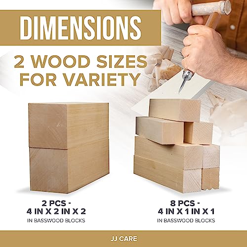 JJ CARE Wood Carving Kit [12 SK2 Wood Carving Knives with Case, 10 Basswood Carving Blocks, and 1 Grinding Stone] - Beginner Wood Carving Kit, Wood