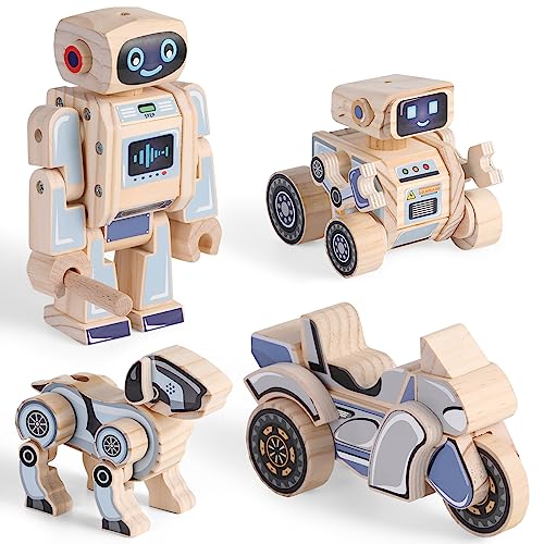 SainSmart Jr. 4-in-1 STEM Kits, Wooden Robot Assembly Toy Set, Woodworking Crafts Projects for Kids, Gift for Boys and Girls - WoodArtSupply