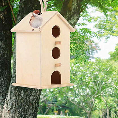 Wooden Bird House Unfinished Unpainted Hanging Cords Birdhouse for Finches and Songbirds Outdoor Decoration DIY Kids Educational 1pcs