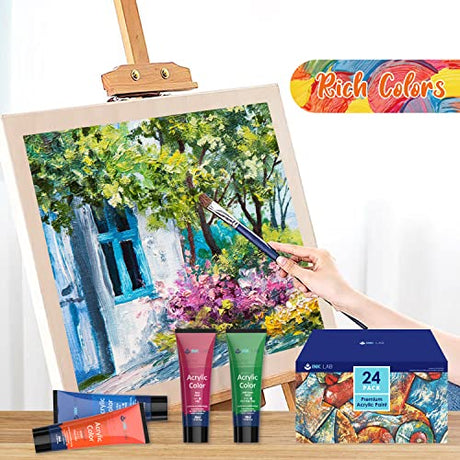Acrylic Paint Set 24 Colors Craft Paints in Tubes with 10 Art Brushes Rich Pigment for Artists Beginners Kids Painting on Canvas Wood Fabric Crafts, INK LAB