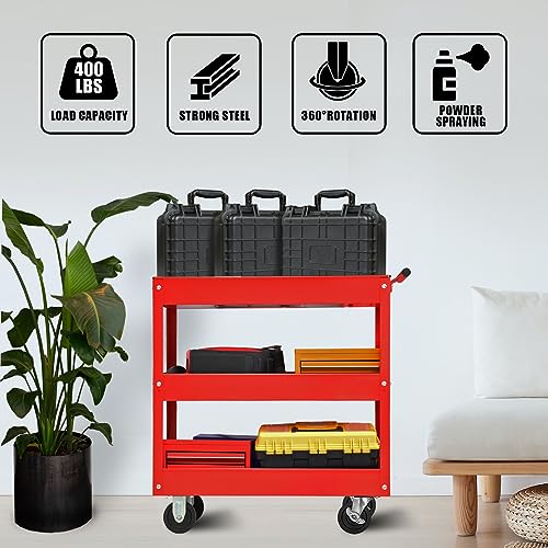 Torin Heavy Duty Utility Cart with 3 Shelf Tiers, Rolling Tool Cart on Wheels, 400lbs Load Capacity, for Garage Warehouse Workshop, APTC302B, Red Torin