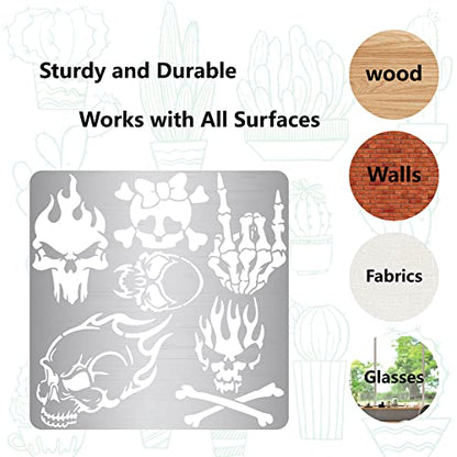 GORGECRAFT 6.3 Inch Skull Metal Stencil Stainless Steel Painting Template Journal Tool for Painting Wood Burning Pyrography and Engraving Home DIY - WoodArtSupply