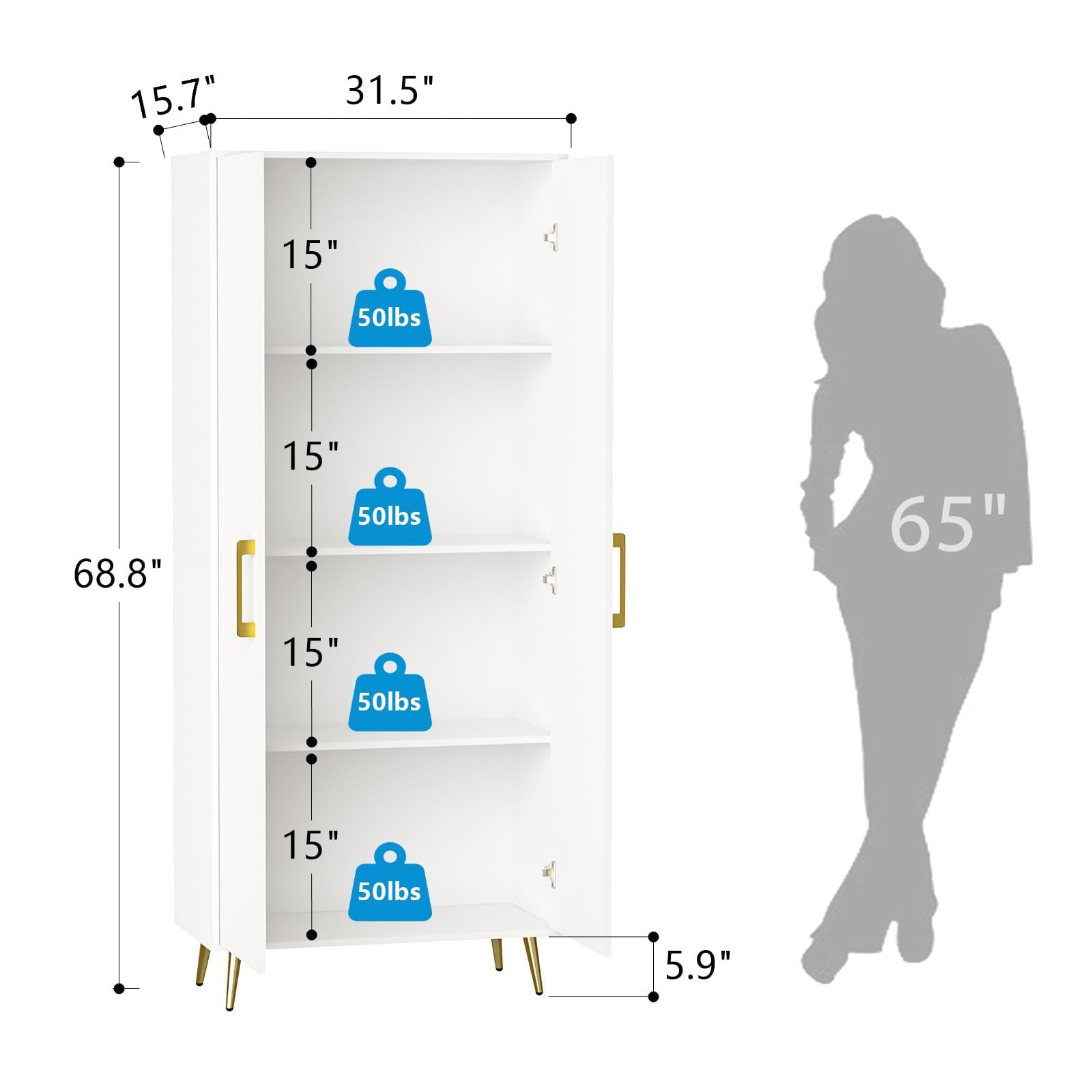 NOVAMAISON White Storage Cabinet 69” Tall - Storage Cabinet w/ 2 Doors and Adjustable Shelves, Freestanding Kitchen Pantry w/Gold Handles and Legs, - WoodArtSupply