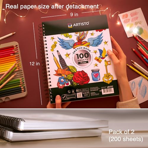 Artisto 9x12 Premium Sketch Book Set Spiral Bound Pack of 2 200 Sheets  100g/