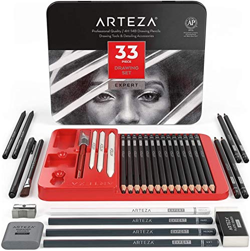 Arteza Drawing Set for Adults, Set of 33 Artist Sketching Tools, 20 Graphite & 4 Charcoal Sketch Pencils, 1 Fineliner, 3 Blenders, 1 Sharpener, 3