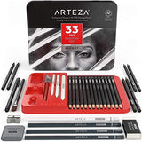 Arteza Drawing Set for Adults, Set of 33 Artist Sketching Tools, 20 Graphite & 4 Charcoal Sketch Pencils, 1 Fineliner, 3 Blenders, 1 Sharpener, 3 ARTEZA
