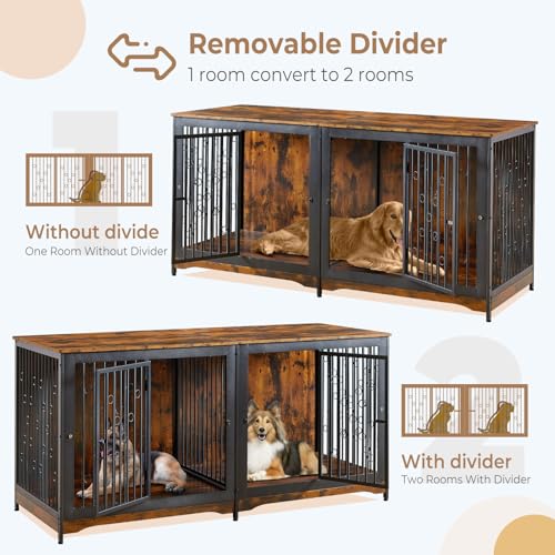 Lyromix 70.86'' Dog Crate Furniture Large Breed TV Stand with Cushion & Double Rooms,Wooden Dog Kennel Dog Crate End Table with Removable Divider for Lyromix