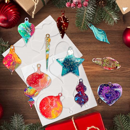 2Pcs Christmas Resin Rolds Silicone Epoxy Molds, Christmas Silicone Molds Ornament Molds for Epoxy Resin, 12 Different Shapes Epoxy Resin Molds with CANIPHA