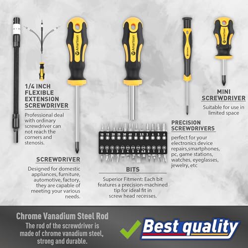 Magnetic Screwdrivers Set with Case, Amartisan 43-piece Includs Slotted, Phillips, Hex, Pozidriv,Torx and Precision Screwdriver Set, Magnetizer Amartisan