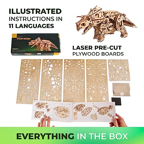 UGEARS Triceratops Dinosaur Wooden Model Kit - 3D Wooden Puzzle for Adults - 1:32 Scale Mechanical Wooden Dinosaur Model - DIY Dinosaur 3D Puzzle UGEARS