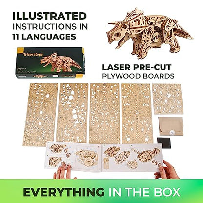 UGEARS Triceratops Dinosaur Wooden Model Kit - 3D Wooden Puzzle for Adults - 1:32 Scale Mechanical Wooden Dinosaur Model - DIY Dinosaur 3D Puzzle