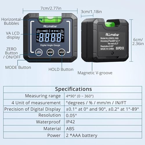 ALLmeter 0-360°(4 * 90°) Digital Angle Finder Level Magnetic Electronic Gauge Inclinometer Protractor Tool with Bubble Level and Magnetic Base LCD - WoodArtSupply