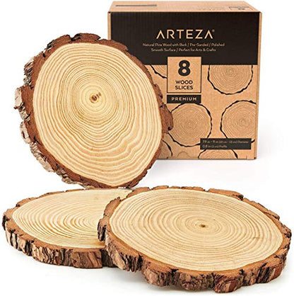 ARTEZA Natural Wood Slices, 8 Pieces, 7.9-9 Inch Diameter, 0.8 Inch Thickness, Round Wood Discs for Crafts, Christmas Wood Ornaments, Centerpieces &
