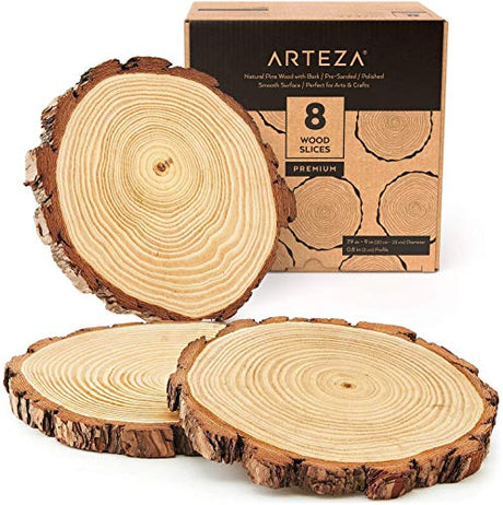 ARTEZA Natural Wood Slices, 8 Pieces, 7.9-9 Inch Diameter, 0.8 Inch Thickness, Round Wood Discs for Crafts, Christmas Wood Ornaments, Centerpieces & ARTEZA