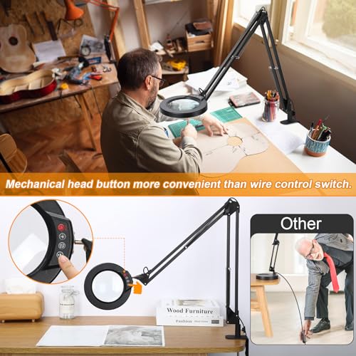 10X Large Magnifying Glass with Light and Stand, KRSTLV 2 x 16 Inch Adjustable Swivel Arm LED Desk Lamp with Clamp, 5 Color Modes Stepless Dimmable, Krstlv