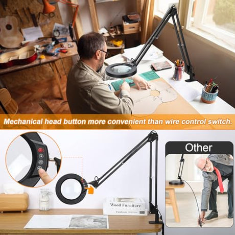 10X Large Magnifying Glass with Light and Stand, KRSTLV 2 x 16 Inch Adjustable Swivel Arm LED Desk Lamp with Clamp, 5 Color Modes Stepless Dimmable, Krstlv