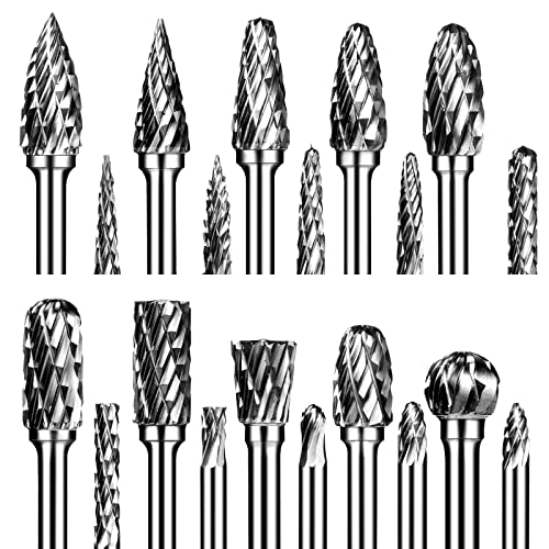 Carbide Burr Set, Die Grinder Bits, 20 Pcs 1/8" Shank Double Cut Tungsten Carbide Rotary Burrs Set Compatible with Dremel for Metal Carving Wood Semderm