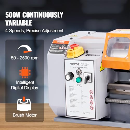 VEVOR Metal Lathe Machine, 7.87'' x 13.78'', Precision Benchtop Power Metal Lathe, 50-2500 RPM Continuously Variable Speed, 500W Brush Motor Metal VEVOR