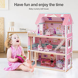 ROBOTIME Wooden Dollhouse, Doll Houses with 24 Pieces Furniture for 4, 5, 6-Inch Dolls, Dollhouse Gift for 3+ Year Old Girls (Pink) ROBOTIME