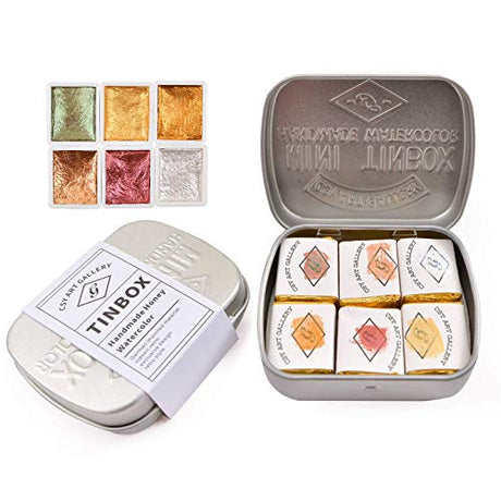 Csy Art Supplies Handmade Watercolors Paint Set - 6 Metallic Gold Colors Half Pans Glitter Solid Water Color- Metal Case Sparkle Pearlescent CSY art gallery