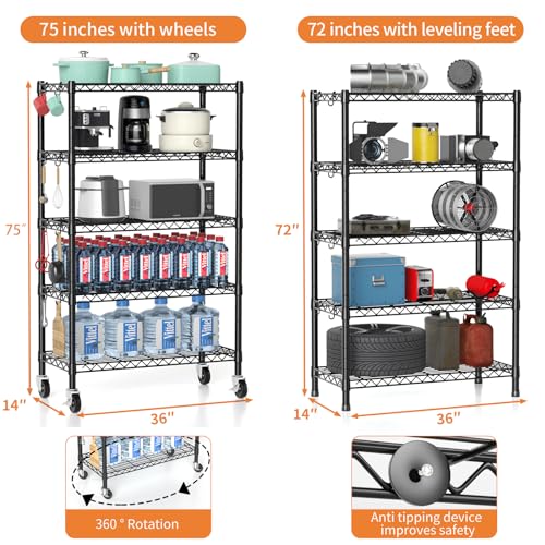Hodonas Metal Shelving Unit with Wheels, 5-tier Wire Shelving with Adjustable Shelves for Storage, Freestanding Heavy Duty Metal Wire Storage Shelf Hodonas