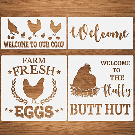 Hen Chicken Farmhouse Stencils, 4 Pcs Farm Eggs Hen Chicken Farmhouse Rustic Farmhouse Reusable Stencil for Painting on Wood Fabric Wall Furniture CODOHI
