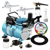 Master Airbrush Cool Runner II Dual Fan Air Compressor Professional Airbrushing System Kit with 3 Airbrushes, Gravity and Siphon Feed - Holder, Color Master Airbrush