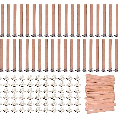 200PCS Wicks Wooden Set for Candles – 100 Wooden Wicks and 100 Candle Wick Clips for Candle Making Supplies Wood Candle Wicks for Soy Wax Wood Wicks