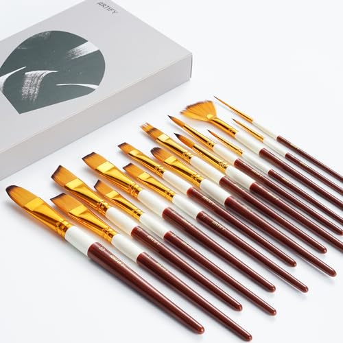 ARTIFY 2023 New Paint Brush Set, 15 Pcs Paint Brush Set for Acrylic Watercolor Oil and Gouache Painting - Brown & White - WoodArtSupply