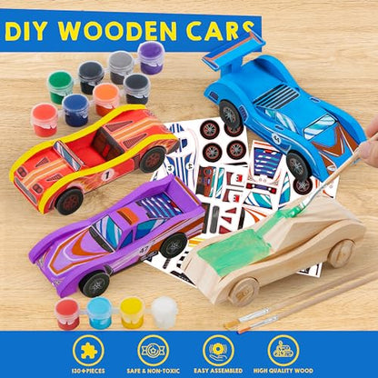 Klever Kits 4 DIY Wooden Race Cars-Build & Paint Your Own Wood Craft Kit, 4 Race Cars Toy, Easy to Assemble Arts Crafts Kit, Birthday Party Christmas