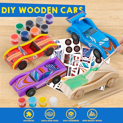 Klever Kits 4 DIY Wooden Race Cars-Build & Paint Your Own Wood Craft Kit, 4 Race Cars Toy, Easy to Assemble Arts Crafts Kit, Birthday Party Christmas Klever Kits
