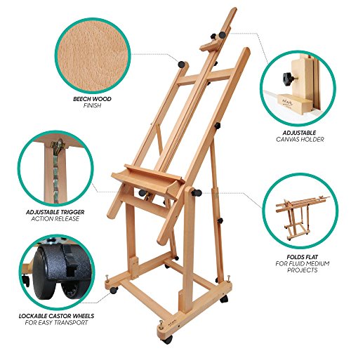 Mont Marte Tilting Studio Wooden Floor Easel. Height Adjustable Extra Large H-Frame Featuring a Large Tilt Range. Castor Wheels Allow Easy Movement - WoodArtSupply