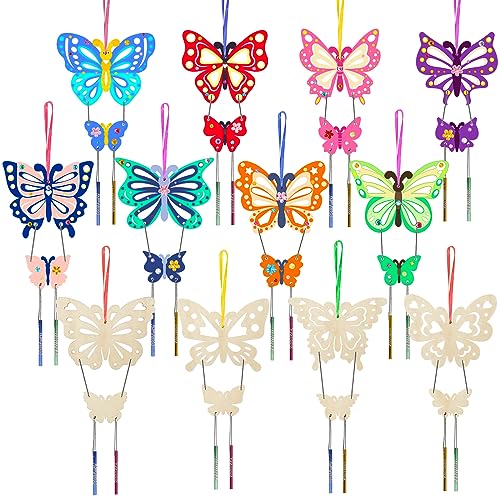 Fennoral 12 Pack Butterfly Wind Chime Kits for Kids Make Your Own Hollowed Out Butterfly Wind Chime DIY to Paint Butterfly Wooden Arts and Crafts for