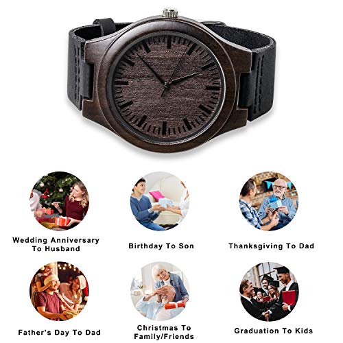 KOSTING Engraved Mens Handmade Vintage Analog Quartz Personalized Wooden Watches Custom Men Watch with Cowhide Leather Strap Sleek Ebony Wood KOSTING