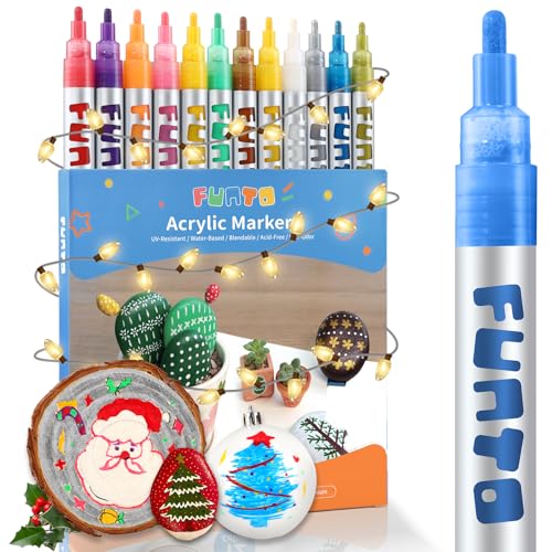 Funto Acrylic Paint Pens for Rock Painting, Fabric, Wood, Canvas, Metal, Ceramic, Glass, Scrapbooking Craft,12 Colors Paint Marker Set, Medium Tip, - WoodArtSupply