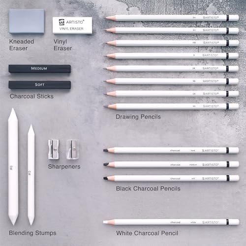 Artisto Drawing and Sketching Pencil Art Set (20 Items) - Complete Kit with Graphite Pencils, Charcoal Pencils, Sticks, Blending Stumps, Erasers, and - WoodArtSupply