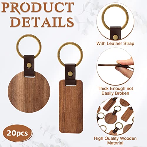 20 Pcs Blank Wooden Keychains Leather Keychains for Engraving Blanks Keychain with Container for DIY Employee Gifts Craft