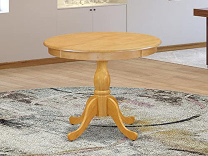 East West Furniture AMT-OAK-TP Antique Kitchen Dining Table - a Round Wooden Table Top with Pedestal Base, 36x36 Inch, Oak - WoodArtSupply