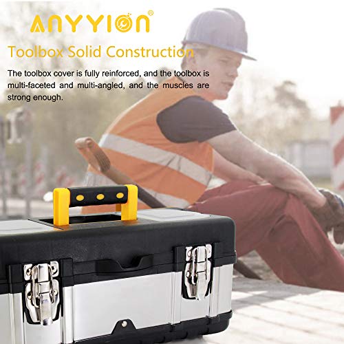 Anyyion 16.5-Inch Tool Box - Portable Lockable Storage, Stainless Steel & Plastic Construction - Removable Tray, Toolbox Organizer Truly Strong and - WoodArtSupply