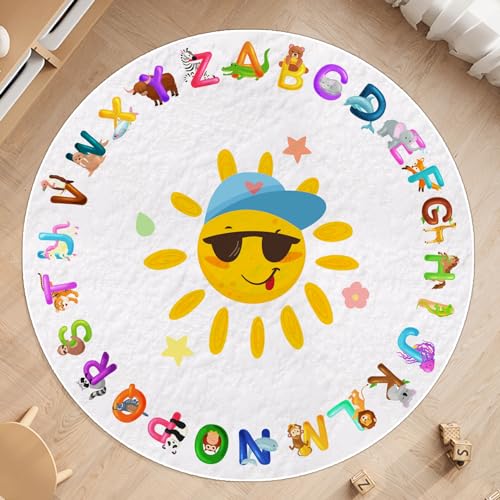 Round ABC Alphabet, Animals Educational Rug, Kids Area Rug, Washable Nursery Rug for Kids Bedroom, Non-Slip Play Mat Ultra Soft Non-Slip Carpet Fubullish