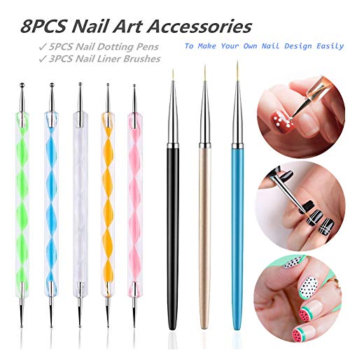 FULINJOY 5PCS Dotting Pens with 3 PCS Nail Painting Brushes, Nail Art Design Tools - WoodArtSupply