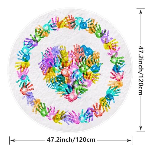 Round Colorful Handprints Kids Area Rug, Washable Nursery Rug for Kids Bedroom, Non-Slip Play Mat Ultra Soft Non-Slip Carpet Indoor Mat for Classroom Fubullish