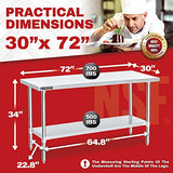 Food Prep Stainless Steel Table - DuraSteel 30 x 72 Inch Commercial Metal Workbench with Adjustable Under Shelf - NSF Certified - For Restaurant, DuraSteel