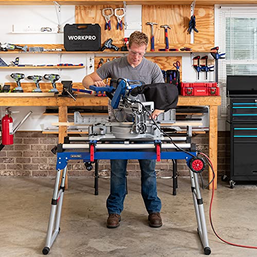 WORKPRO Miter Saw Stand, 5-in-1 Portable Workbench, Quick Folding Work Table with Detachable Miter Saw Stand & Height Adjustable Legs, - WoodArtSupply