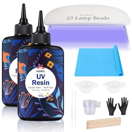 KISREL UV Resin Kit with Light Larger Size - 200g Upgraded Hard Type Crystal Clear UV Resin Kit, 23 Lamp Beads UV Light, UV Resin with Light for KISREL