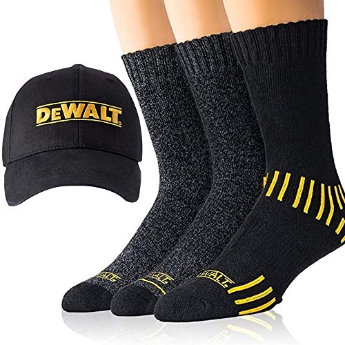 DEWALT Mens Crew Socks | Black Cotton Boot Socks for Men + Men’s Ball Cap Set - WoodArtSupply